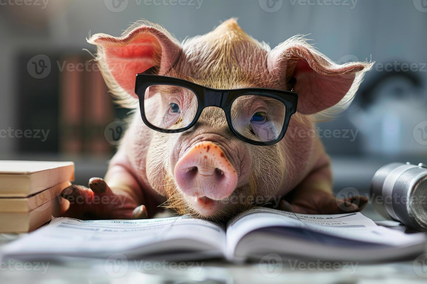 Pig wearing glasses reading a book and relaxing photo