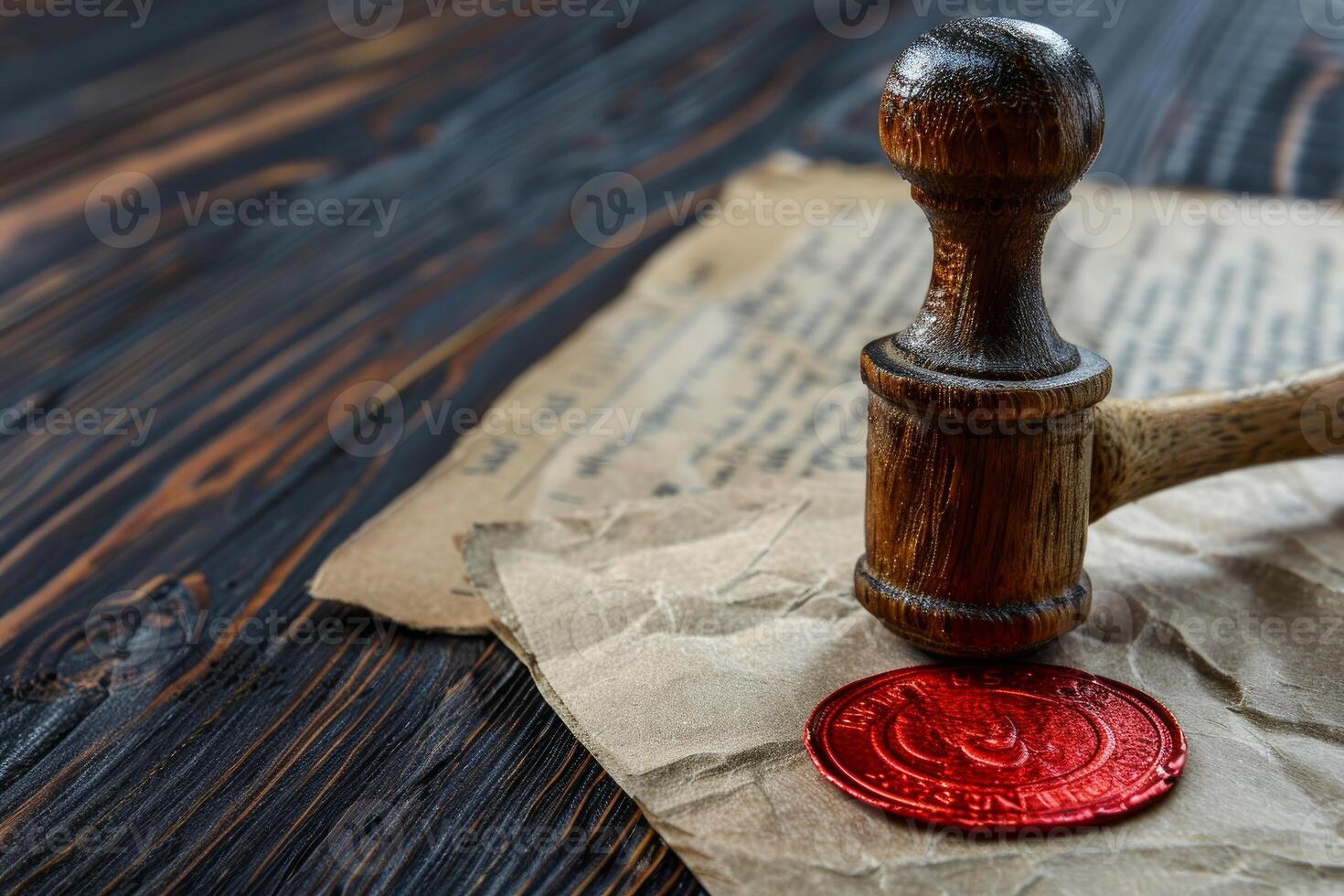 Notary public applying a red wax seal to an old document using a wooden stamp photo