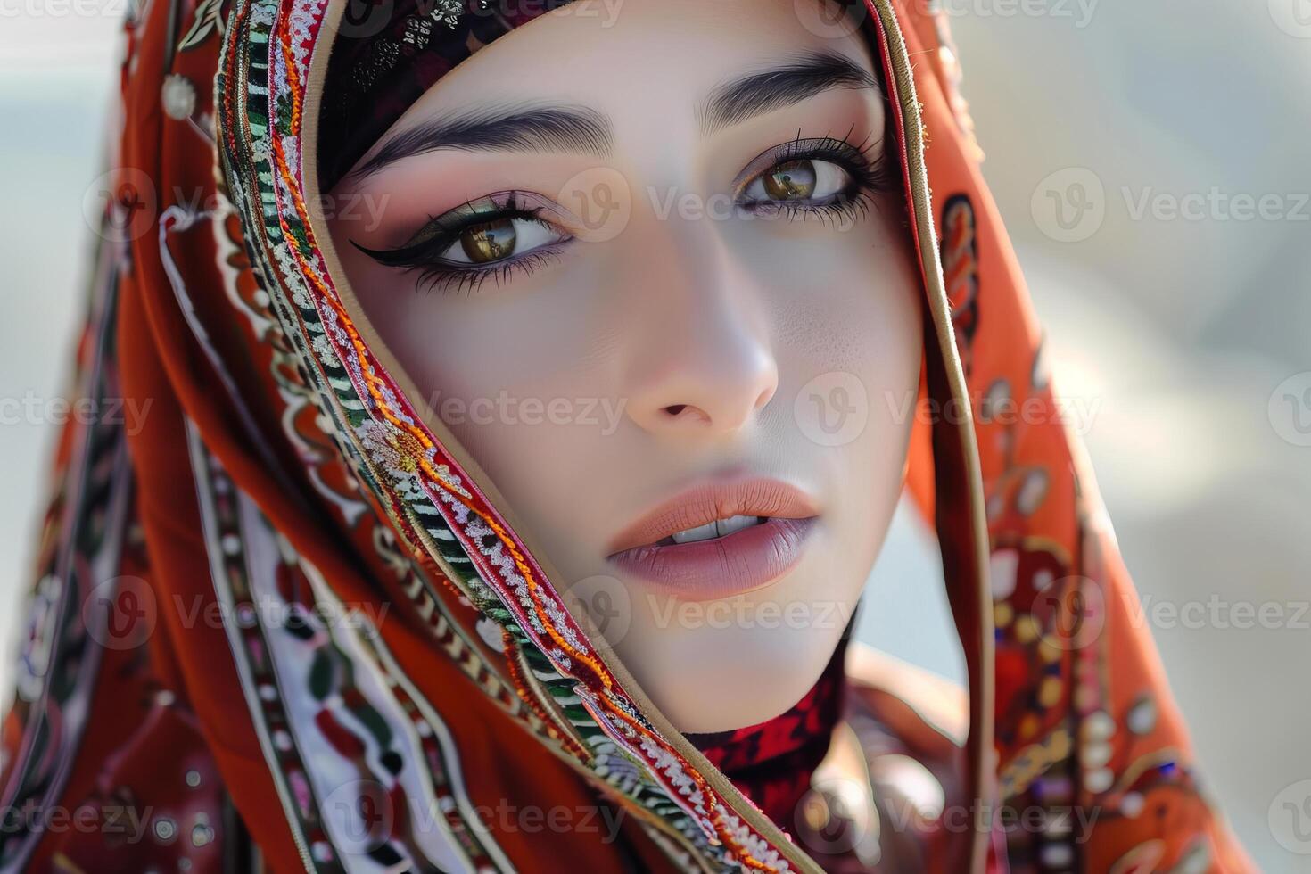Portrait of a beautiful young woman with brown eyes wearing a red traditional headscarf photo