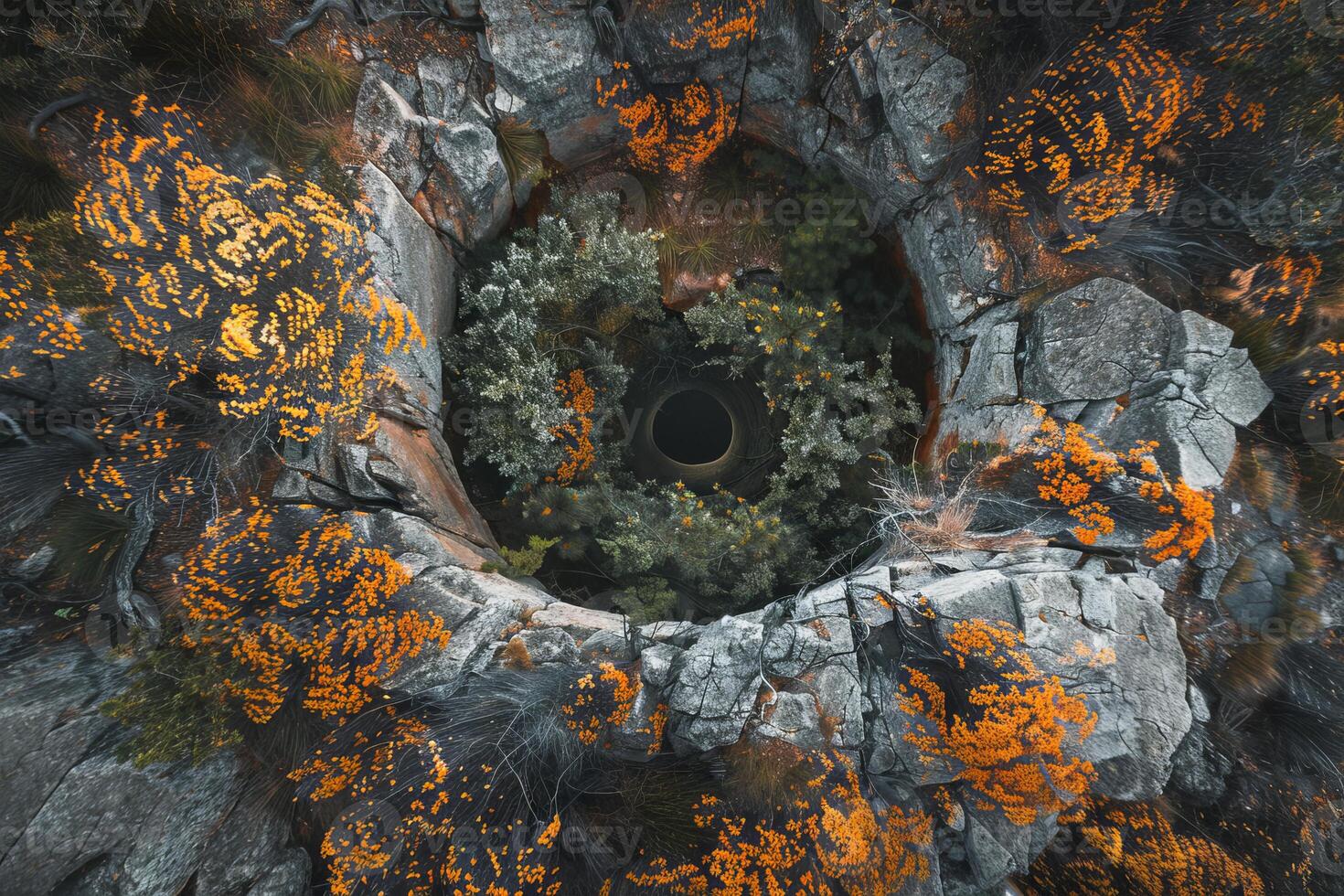 Aerial view of deep hole surrounded by rocks and vegetation photo