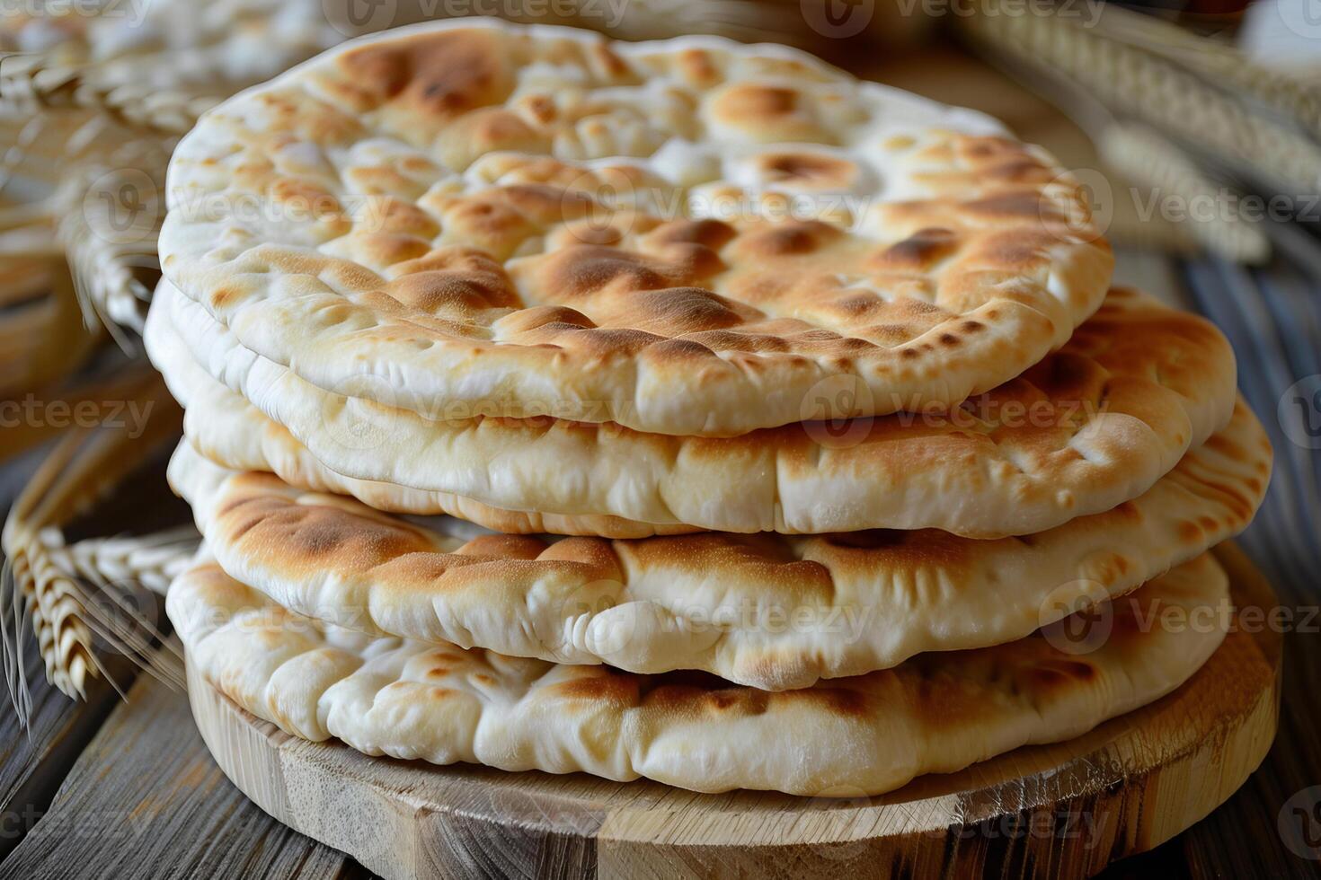 Stack of pita bread resting on wooden cutting board photo