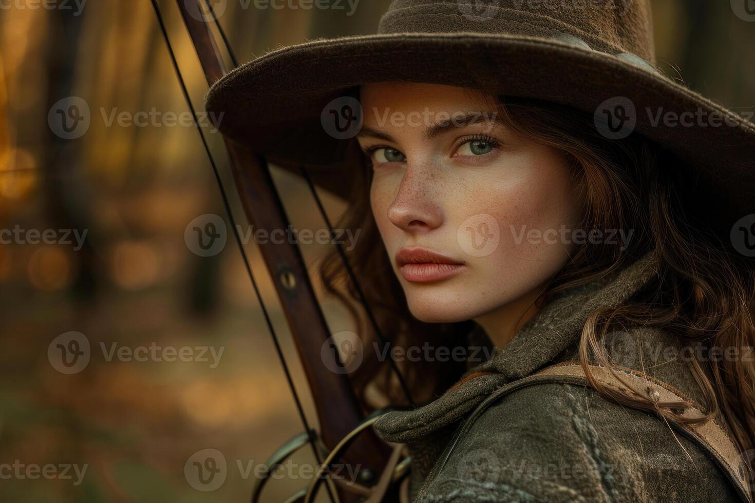 Beautiful huntress looking back while holding bow and arrow in forest photo