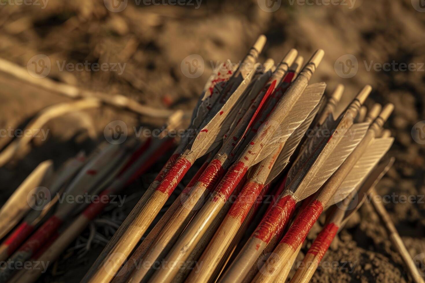 Pile of wooden arrows with red markings lying on ground photo