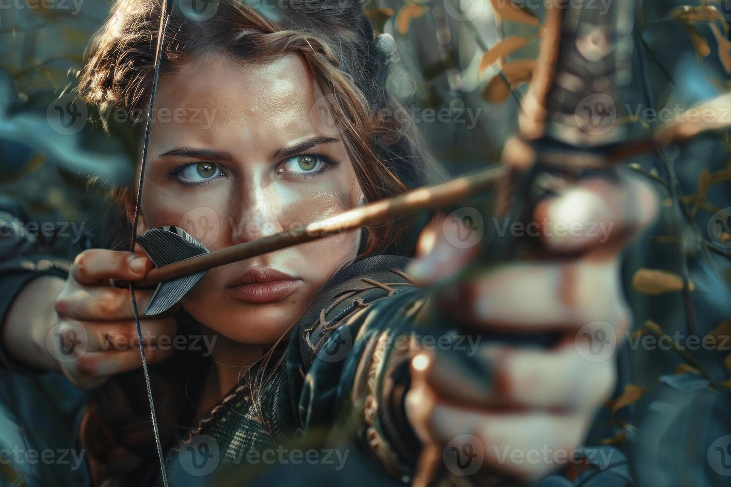 Beautiful female archer aiming at target with bow and arrow in forest photo