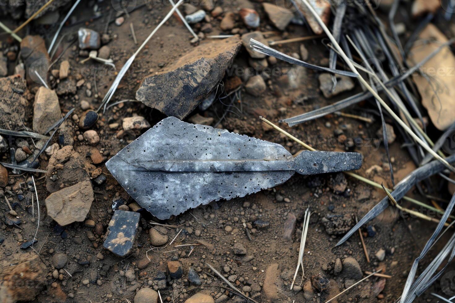 Ancient arrowhead laying on the ground at an archaeological dig photo