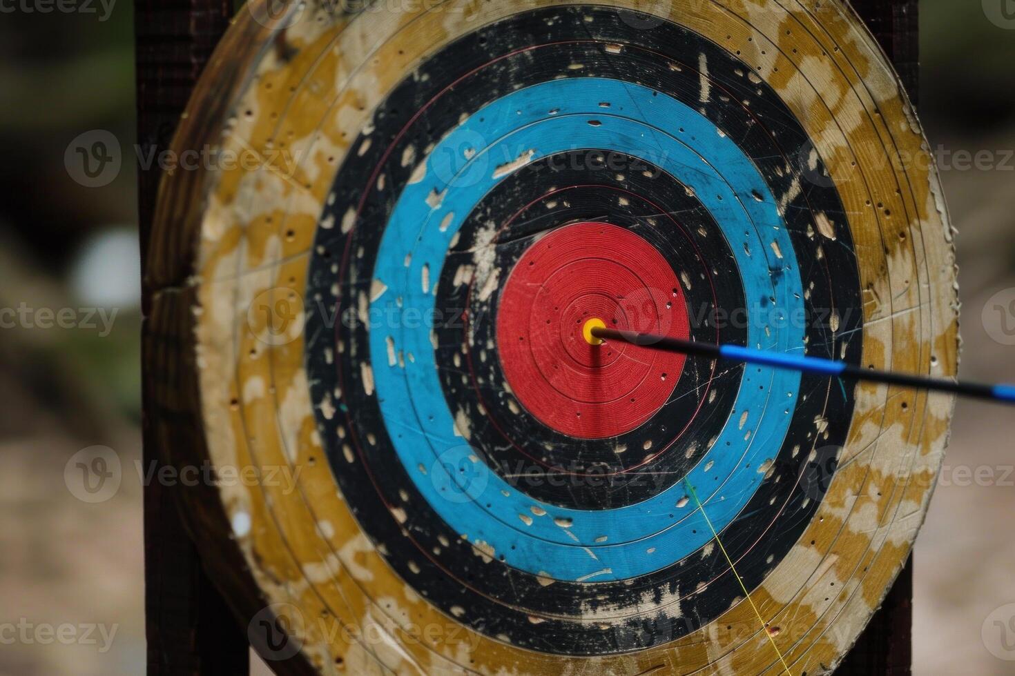 Blue arrow hitting the center of an archery target on a sunny day photo