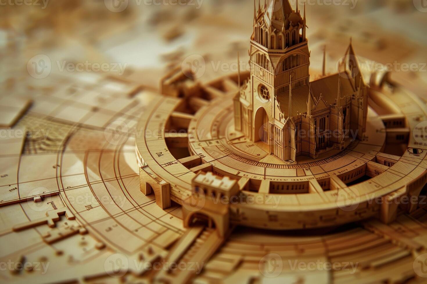 Wooden model of a city featuring a cathedral in the center on a round table photo