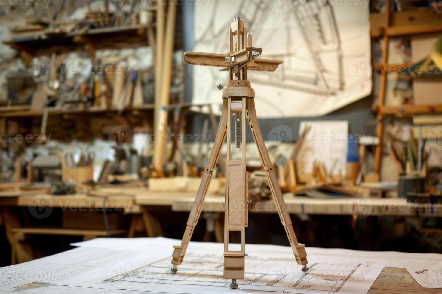 Wooden easel standing on architect plans in workshop photo