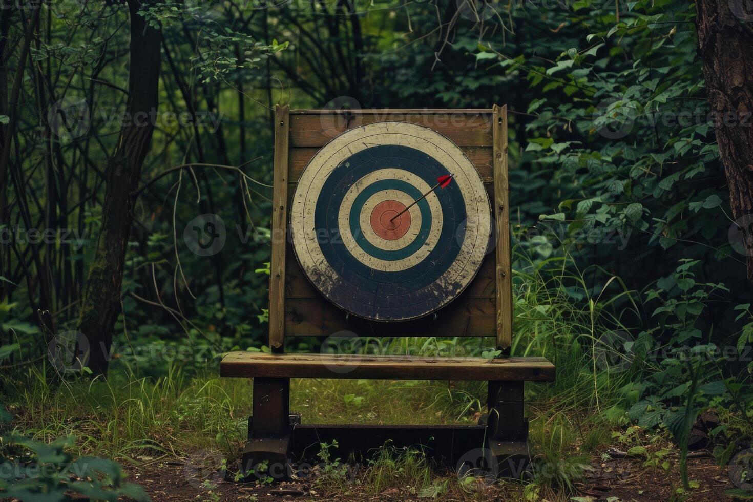 Archery target standing in lush forest with arrow hitting the bullseye photo