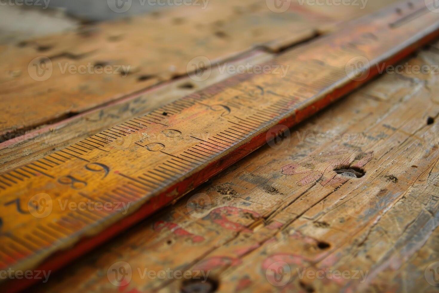 Old wooden ruler resting on rustic planks showing concept of measuring photo