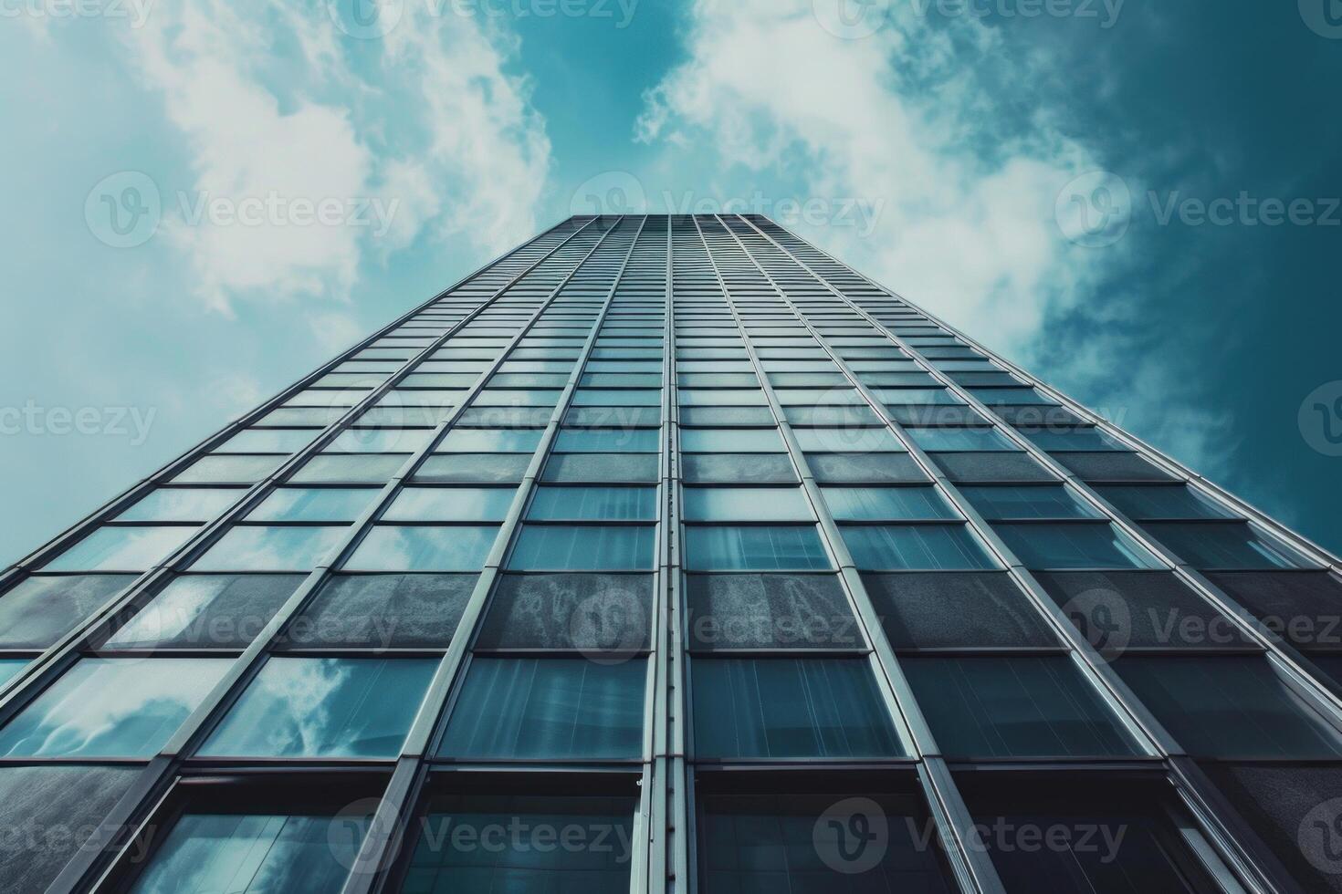 Modern office building towering over viewer on sunny day photo