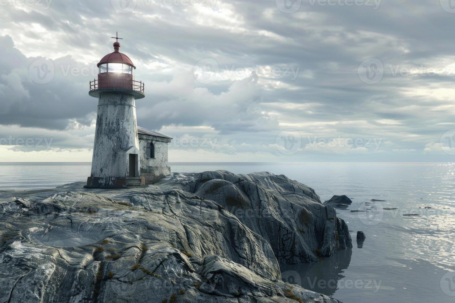 Lighthouse standing on rocky coastline guiding ships with its bright light photo