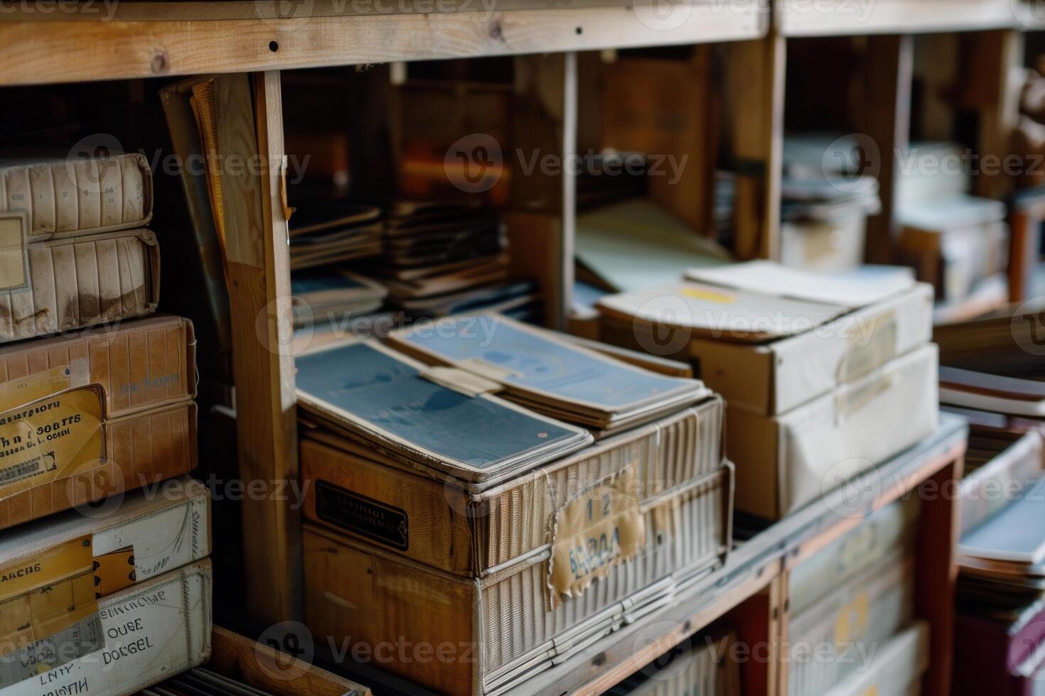 Stacks of old cardboard boxes overflowing with papers are piled high on shelves photo