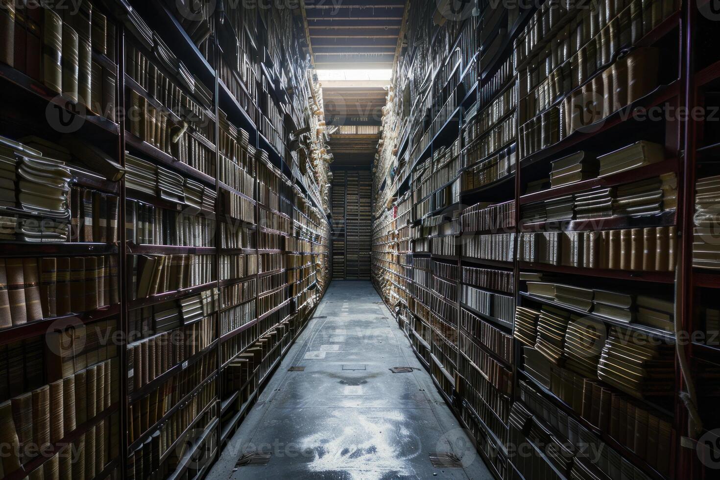 Narrow passageway filled with bookshelves holding dusty books photo