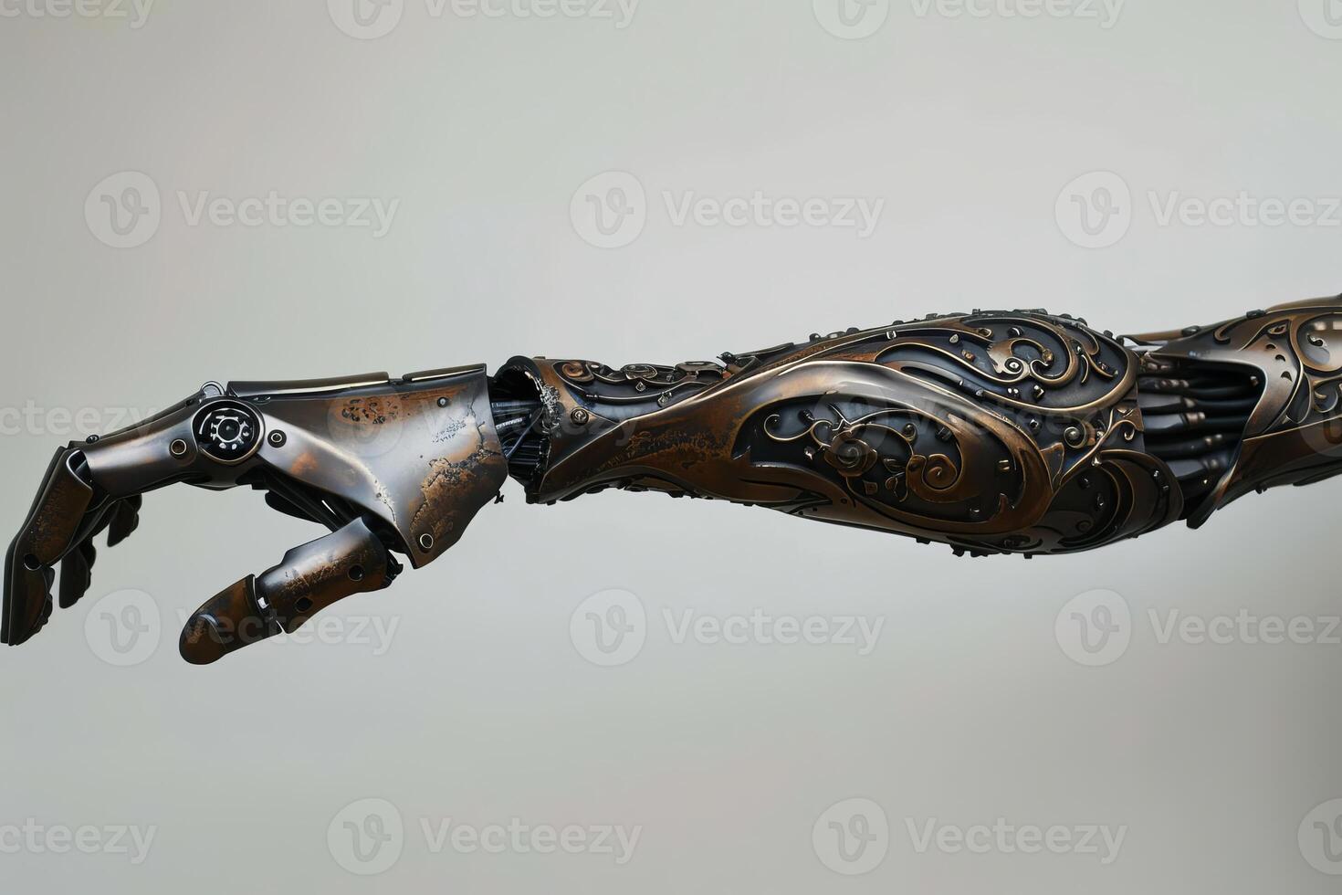 Steampunk prosthetic arm reaching out with open hand photo
