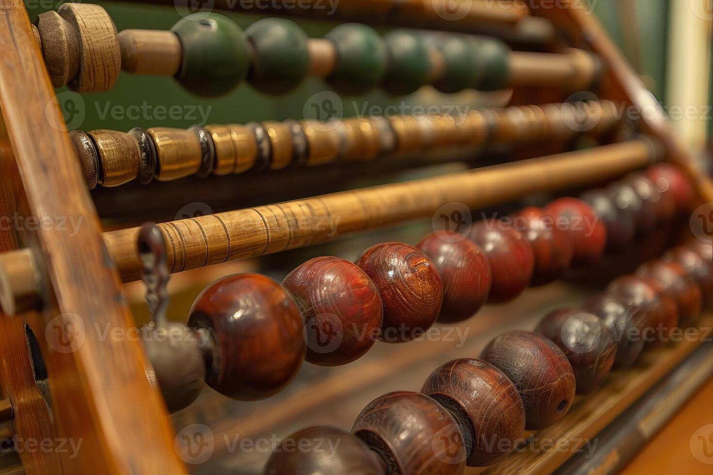 Old wooden abacus showing colorful beads for calculating photo