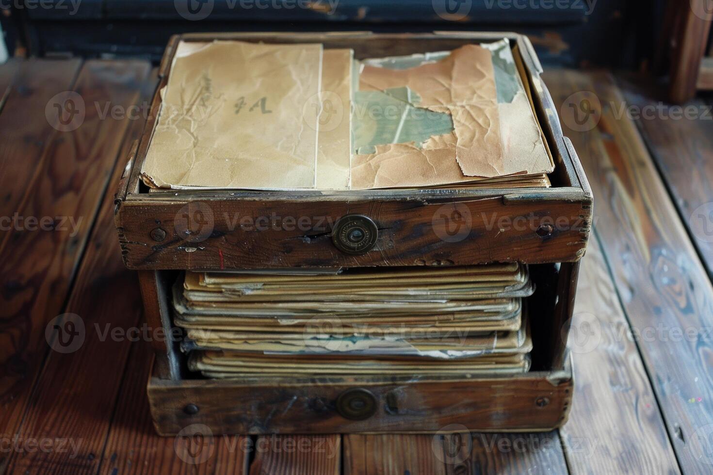 Old wooden crate holding stacked papers on wooden floor photo