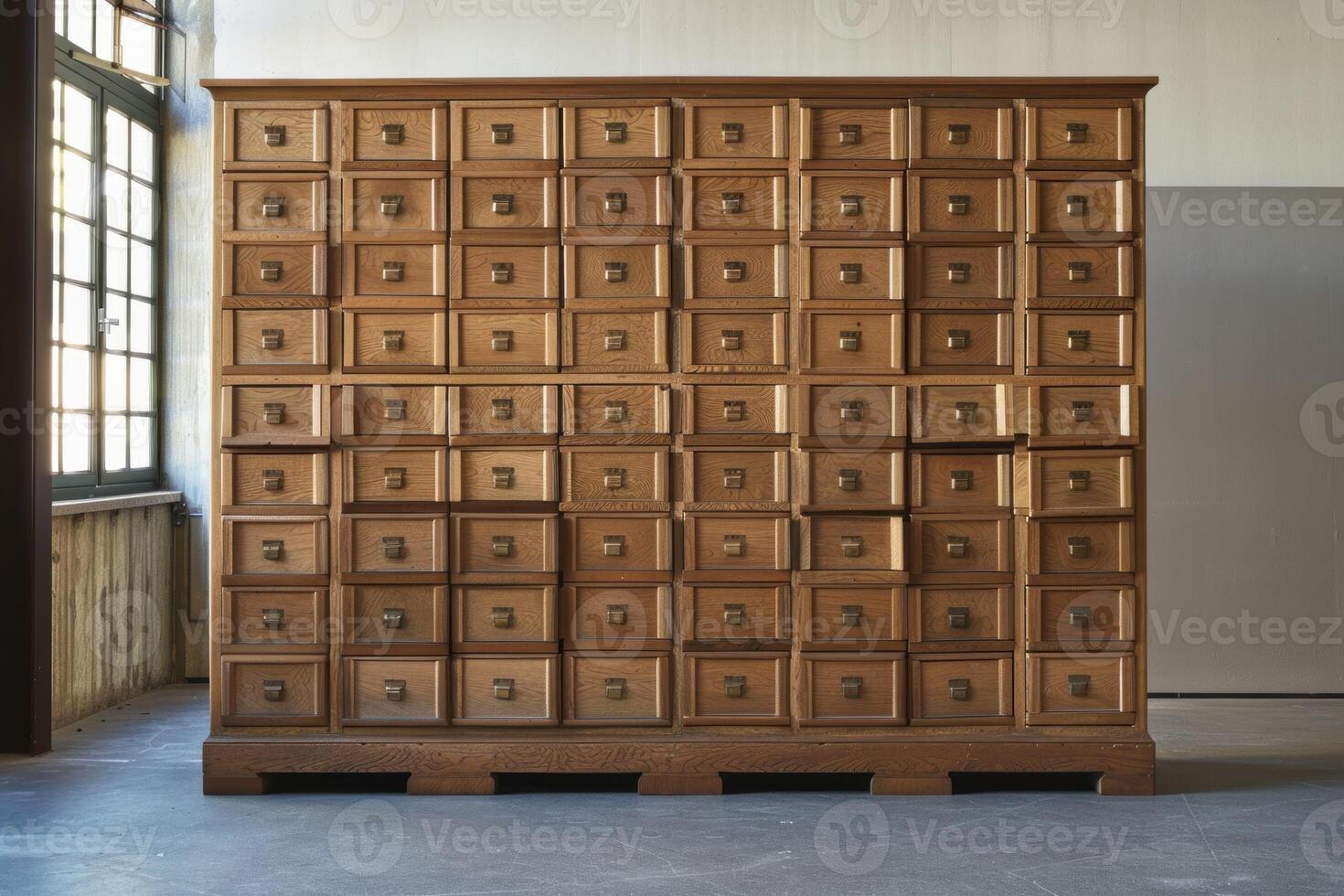 Large wooden cabinet standing in an empty room photo