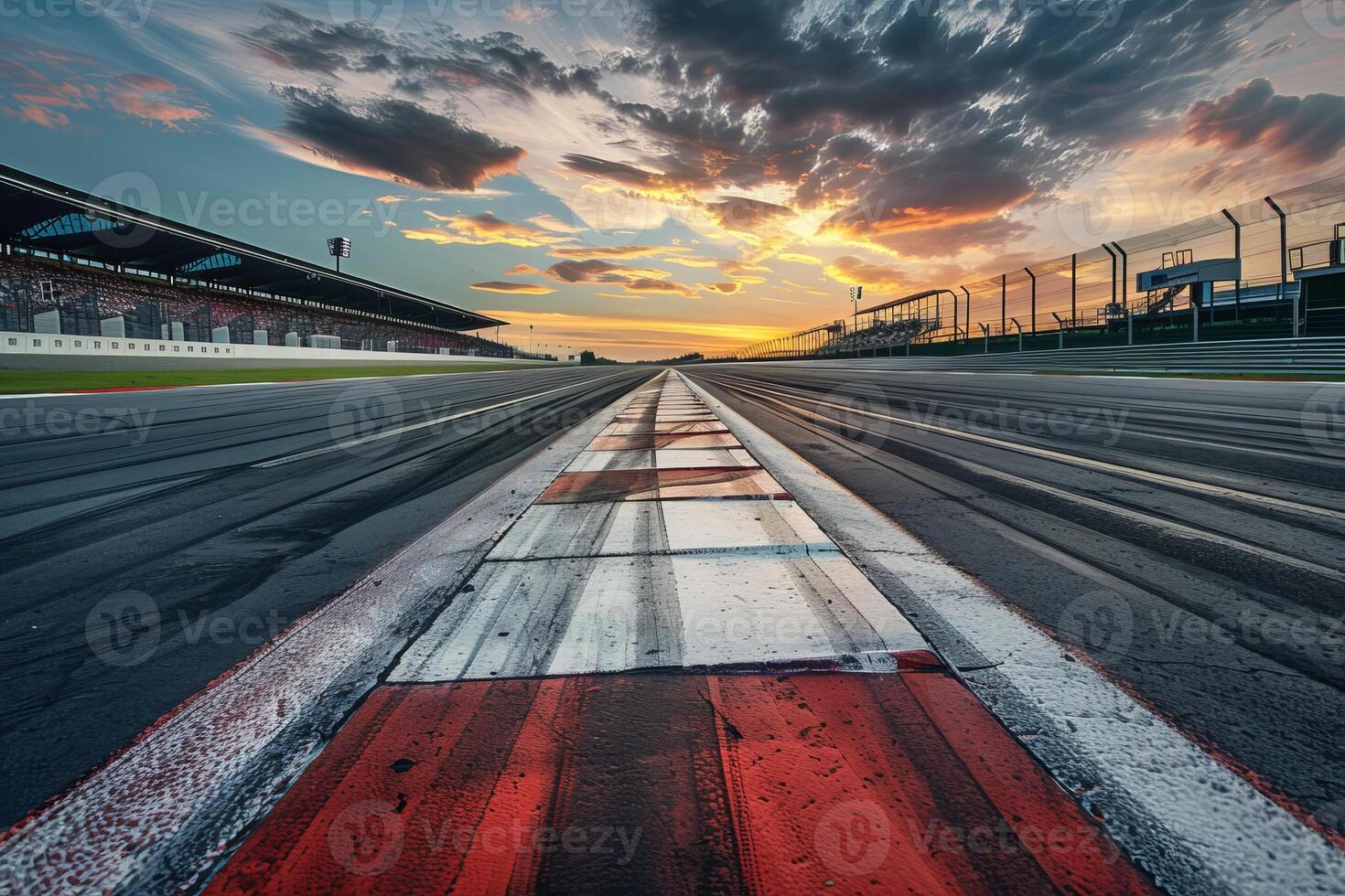 Empty race track at sunset with tire marks photo