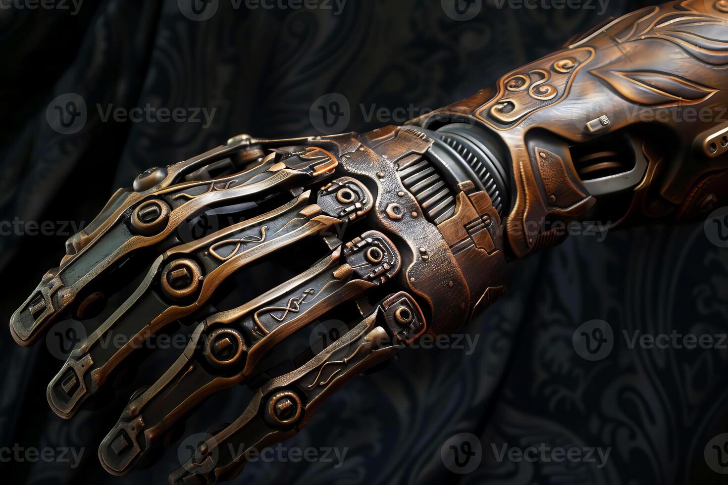 Mechanical prosthetic arm resting on patterned cloth photo