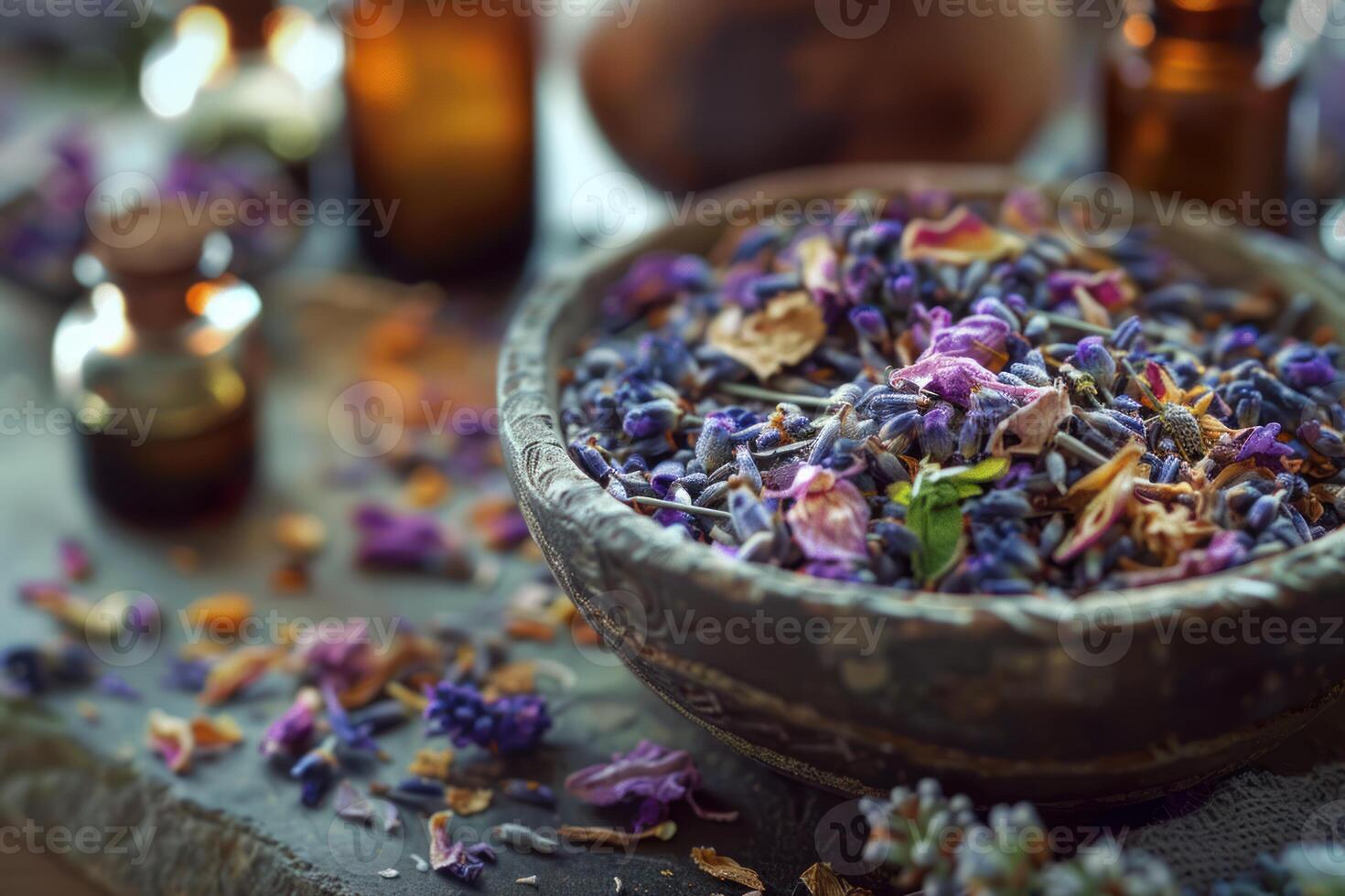 Dried lavender flowers in rustic bowl creating relaxing atmosphere photo