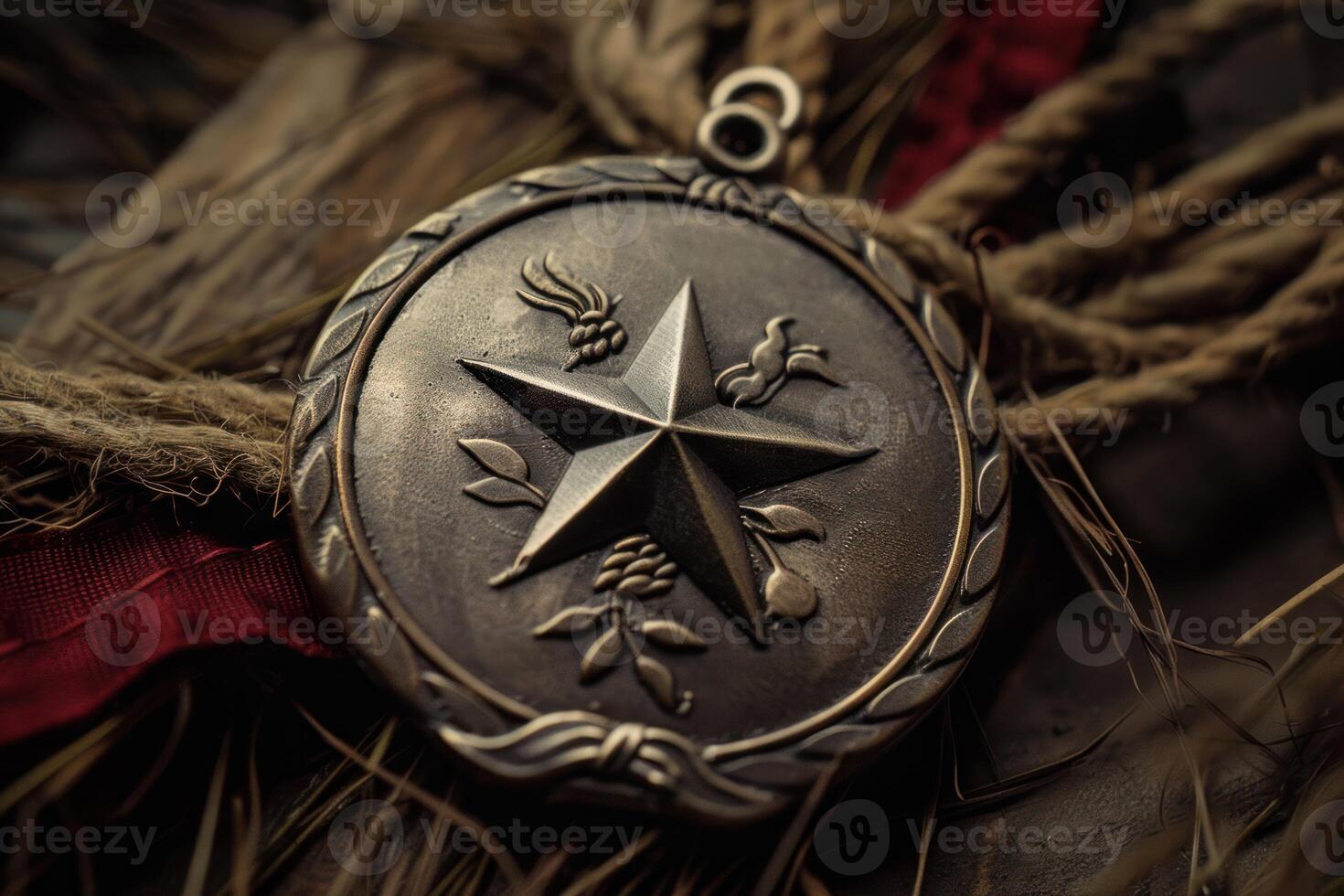Antique texas ranger badge lying on rustic background with red ribbon photo