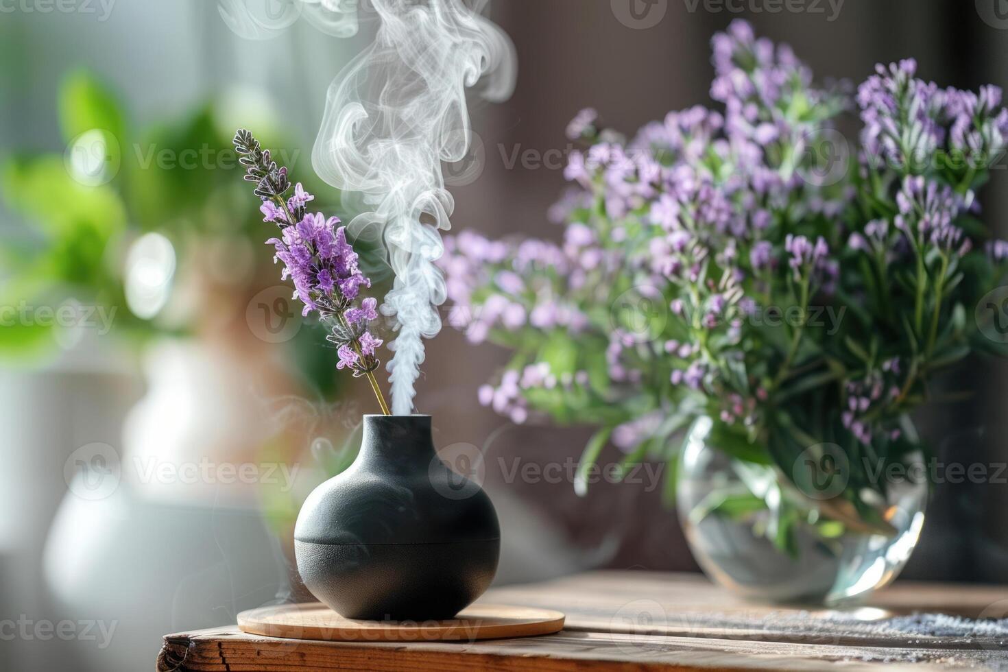 Aromatic lavender flowers releasing soothing smoke in cozy home interior photo