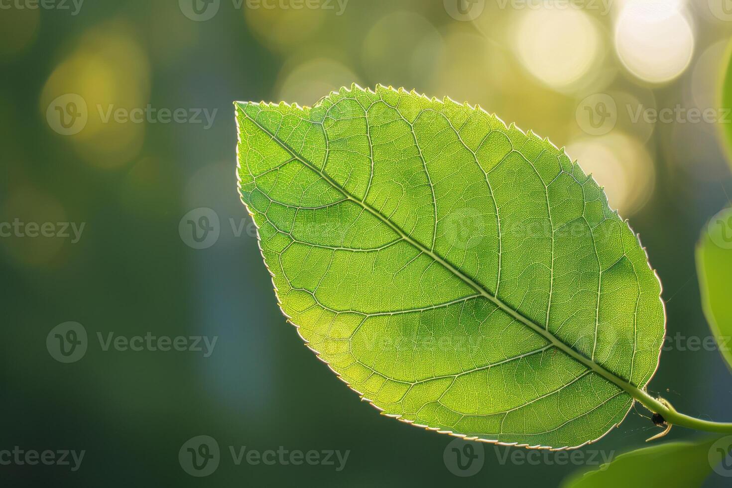 Single green leaf backlit by the setting sun photo