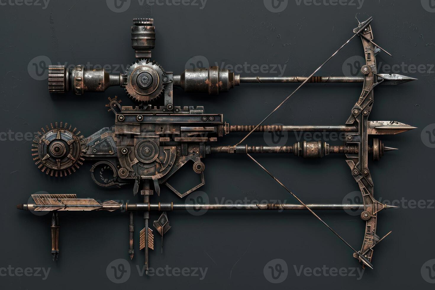 Steampunk crossbow weapon lying on dark background photo