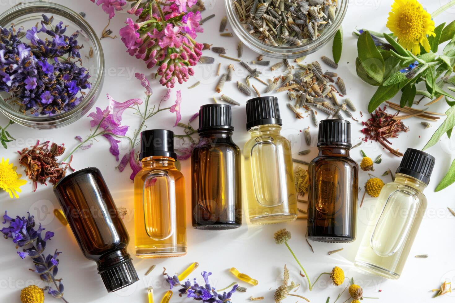Bottles containing essential oils surrounded by fresh herbs and flowers photo
