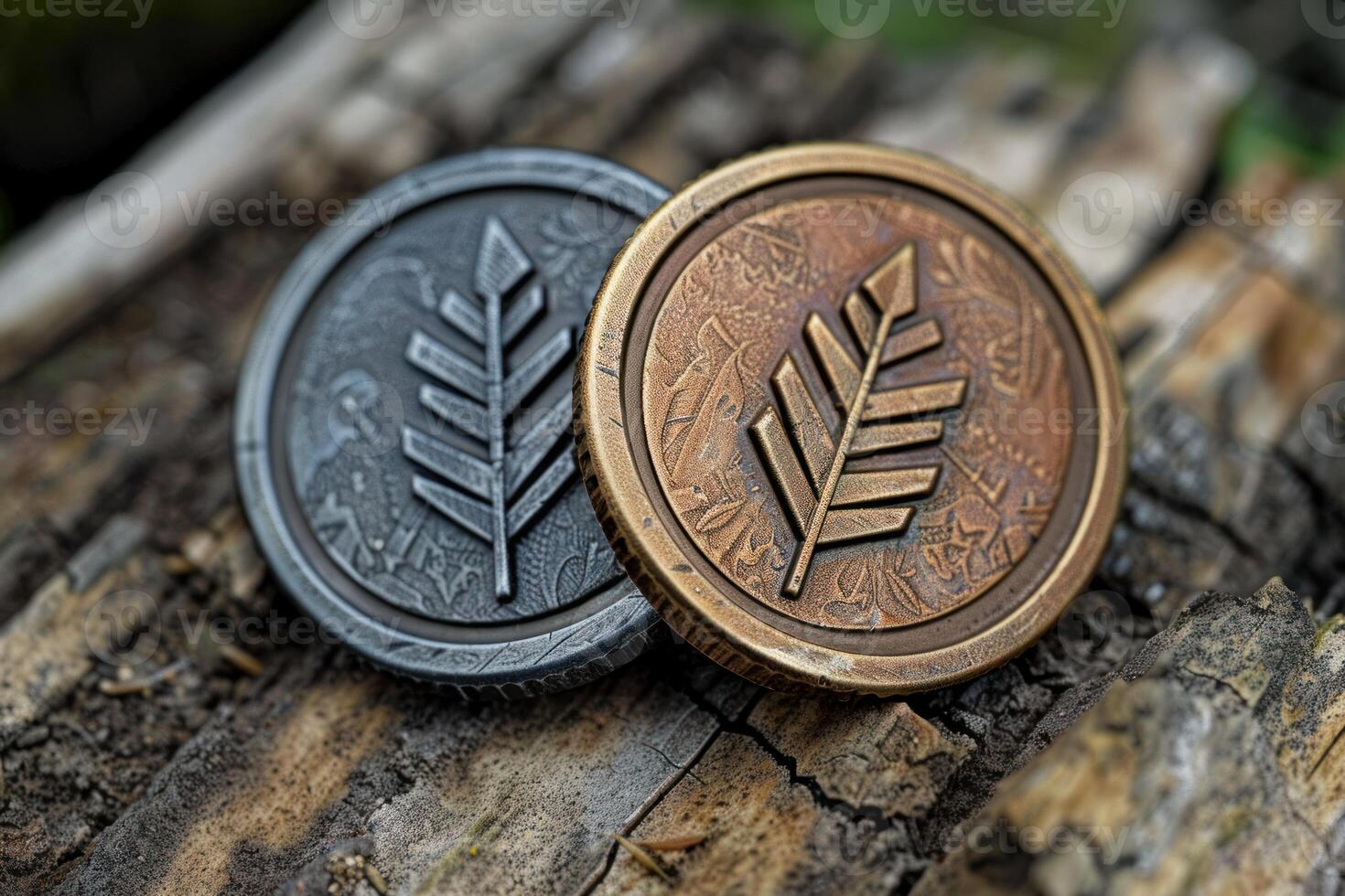 Two commemorative coins lying on a log with a fern design photo