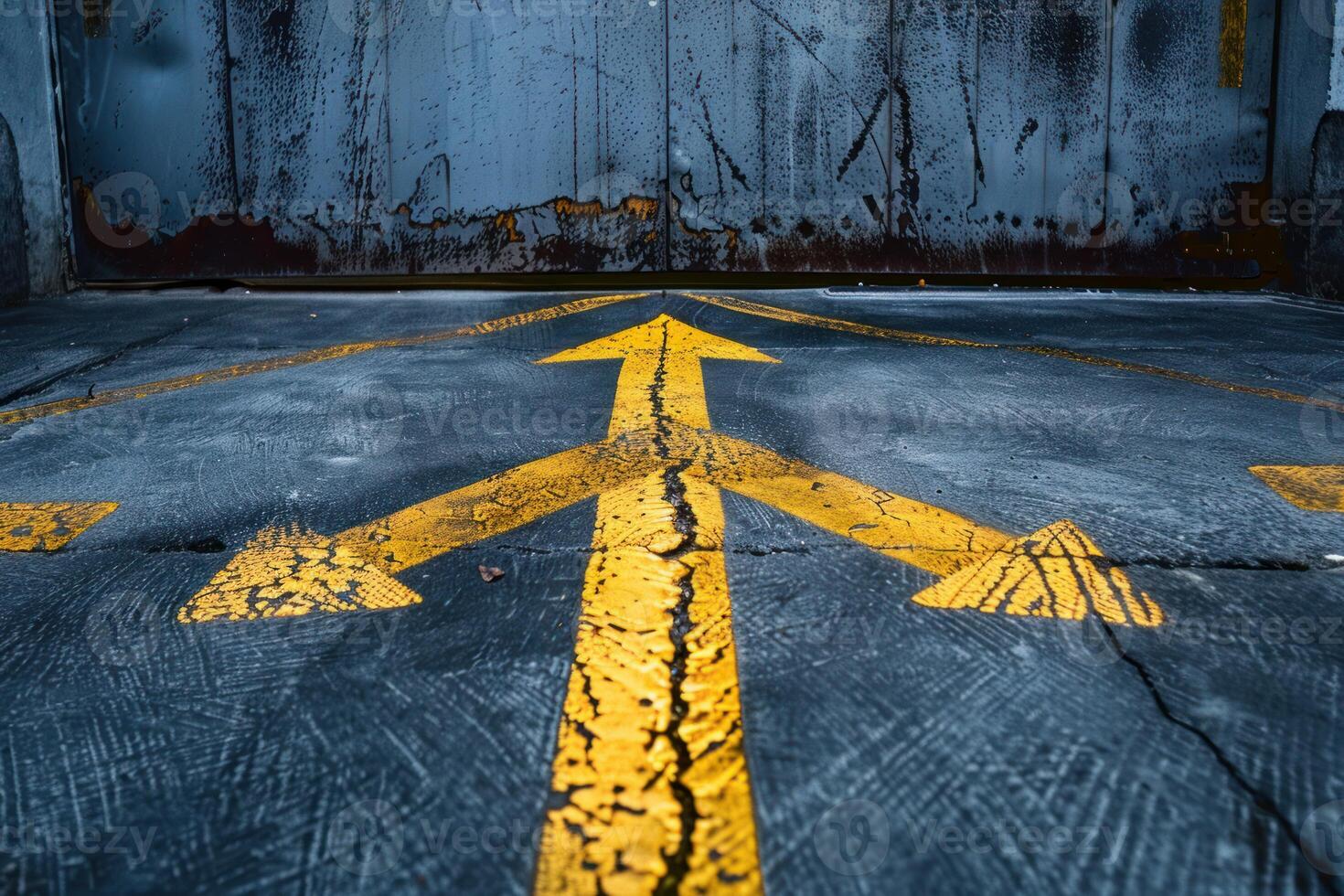 Three yellow arrows pointing in different directions on cracked asphalt photo