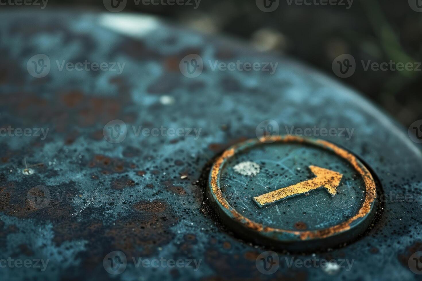 Rusty metal surface showing yellow right arrow sign pointing direction photo