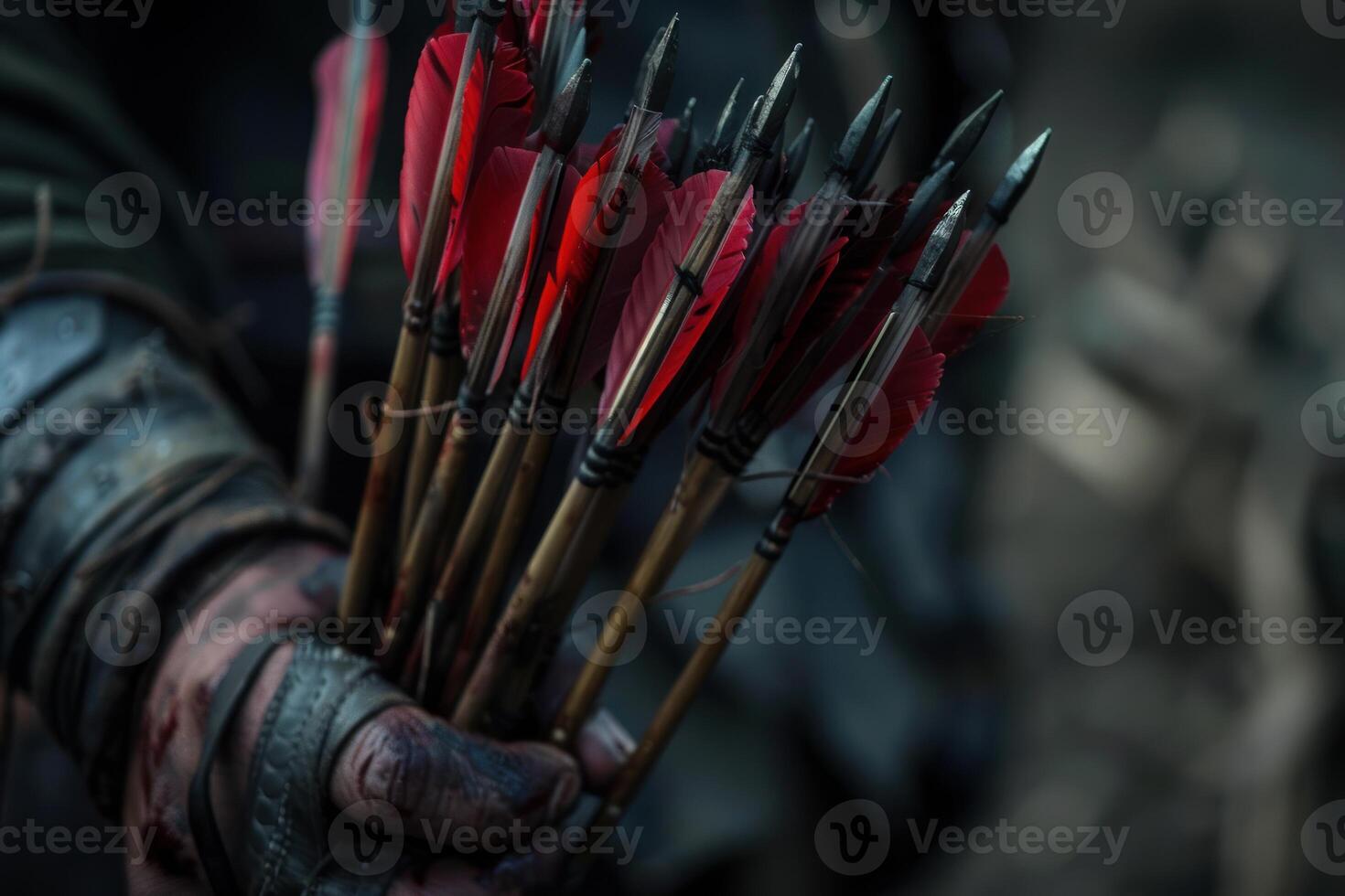 Warrior holding bloody arrows with red feathers in the forest photo