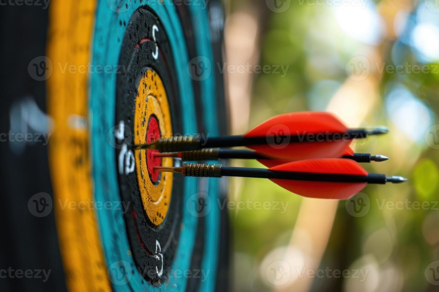 Three arrows hitting the center of an archery target on blurred background photo