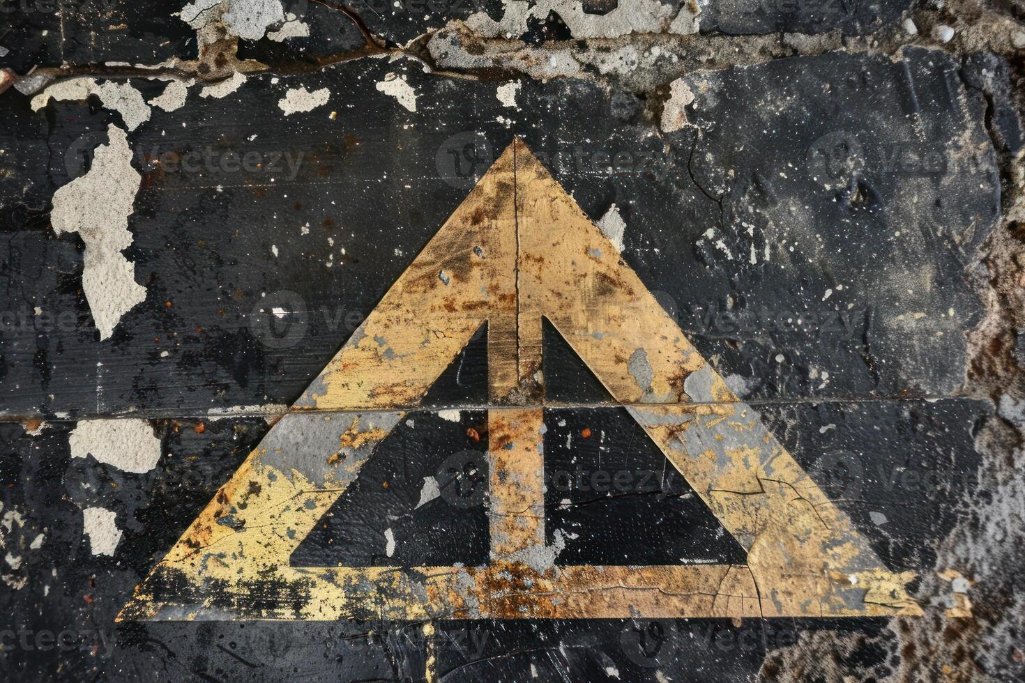 Old weathered yellow hazard triangle symbol painted on black concrete floor showing through from underneath peeling paint photo