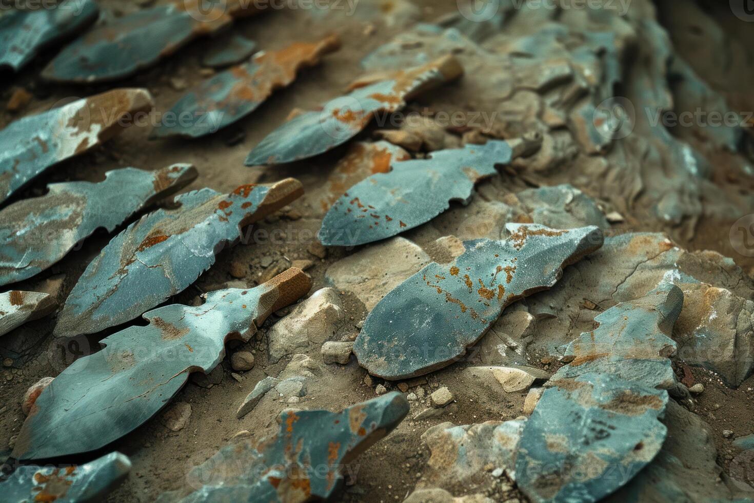 Many ancient arrowheads from neolithic age laying on ground photo