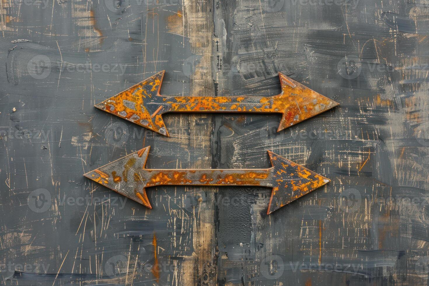 Two opposite rusty metal arrows pointing different directions on scratched metal background photo