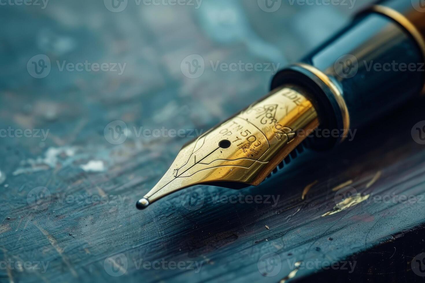 Golden fountain pen resting on a textured surface photo
