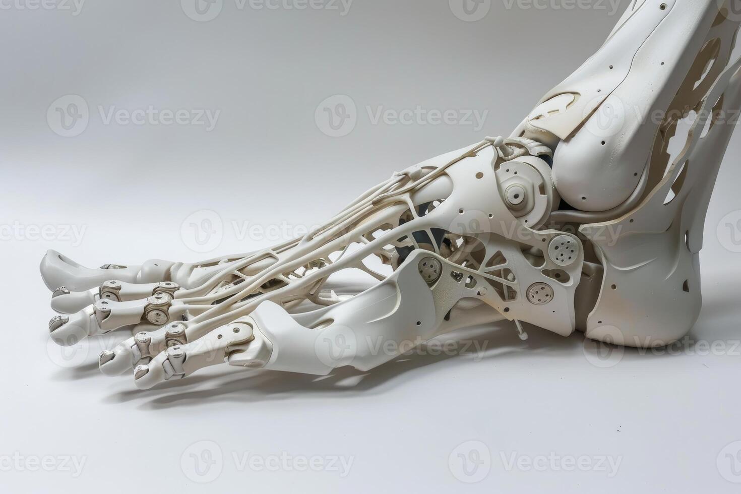 White robotic foot with hydraulics resting on white background photo