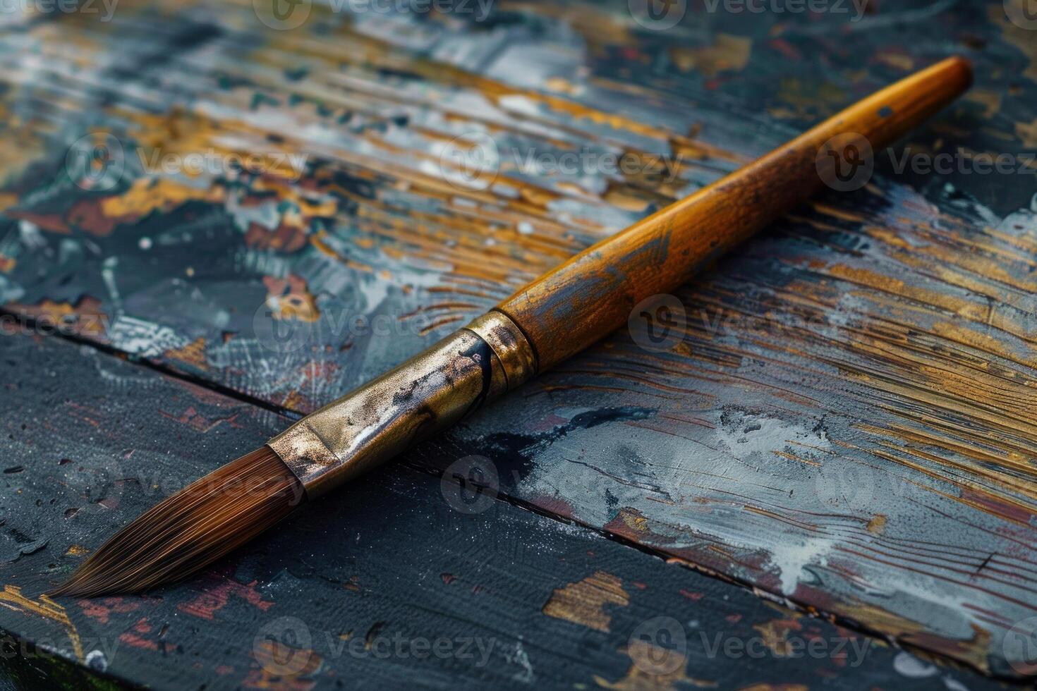 Old paint brush resting on a wooden palette covered in paint photo
