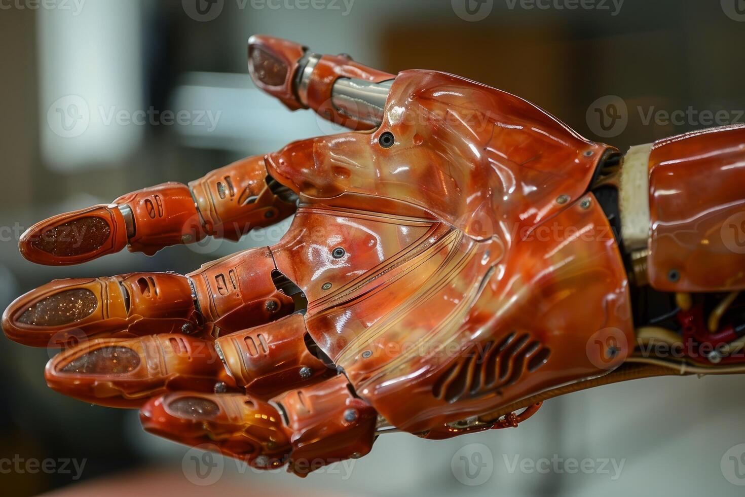 Orange robot hand reaching out to shake hands photo