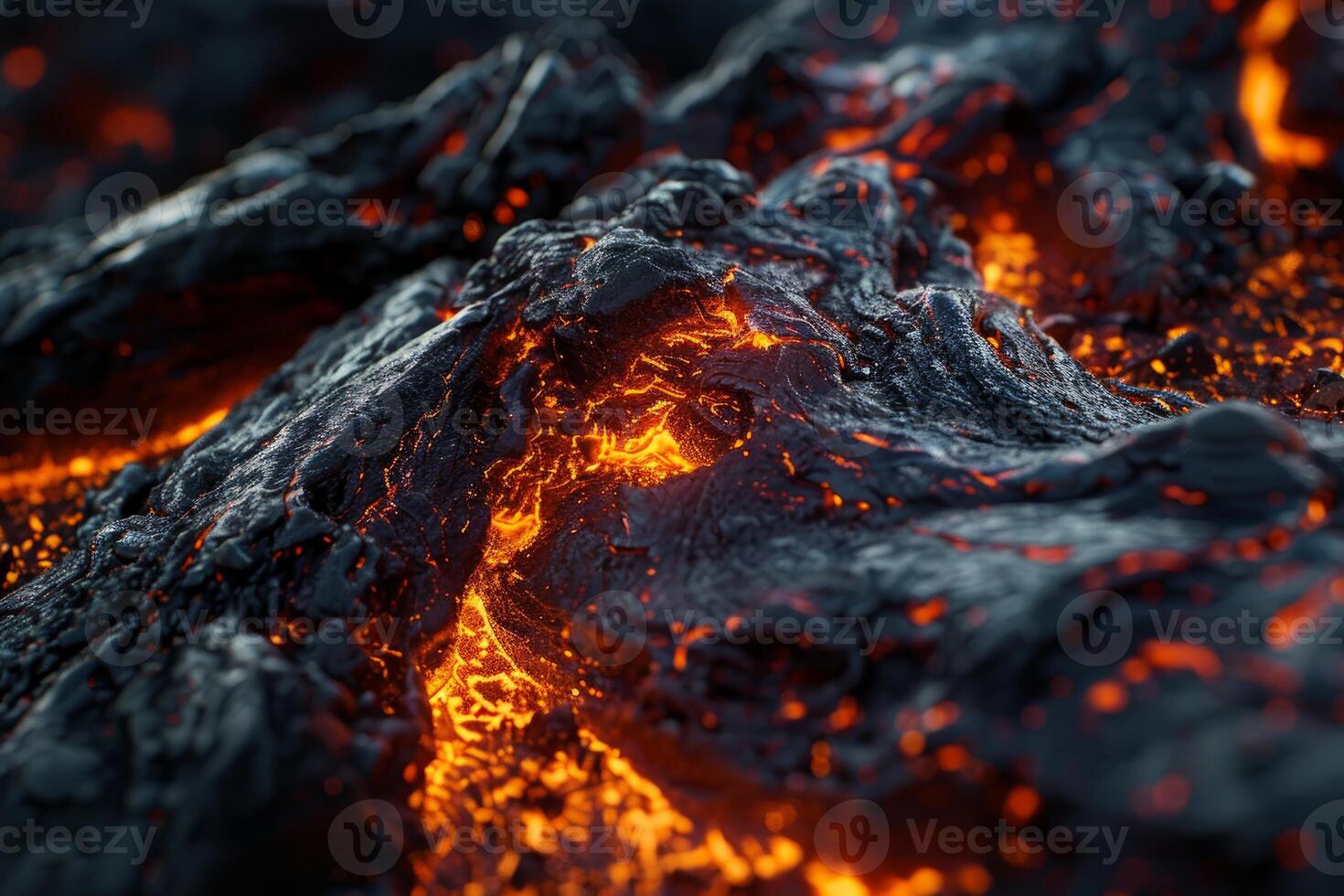 Orange molten rock flowing from an active volcano photo