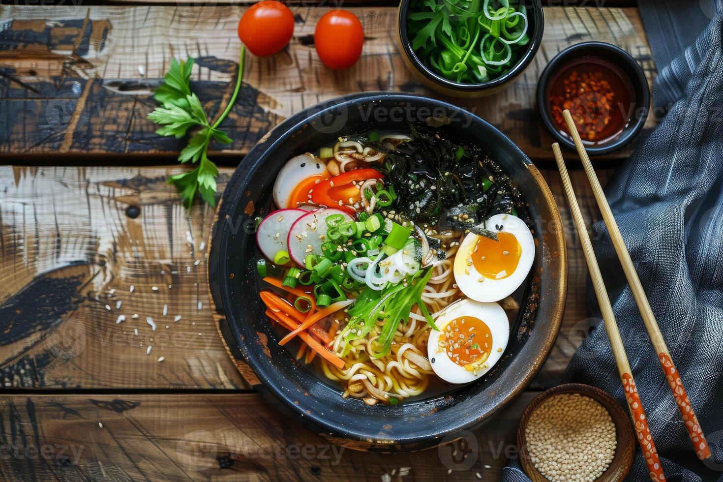 Steaming hot bowl of ramen with vegetables and eggs on rustic table setting photo