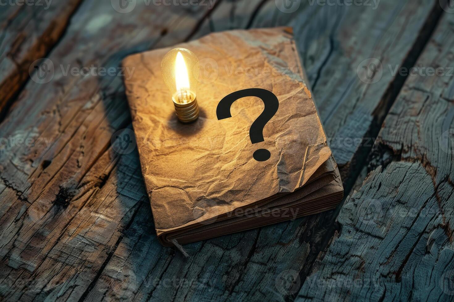 Light bulb shining on old book with question mark on cover photo