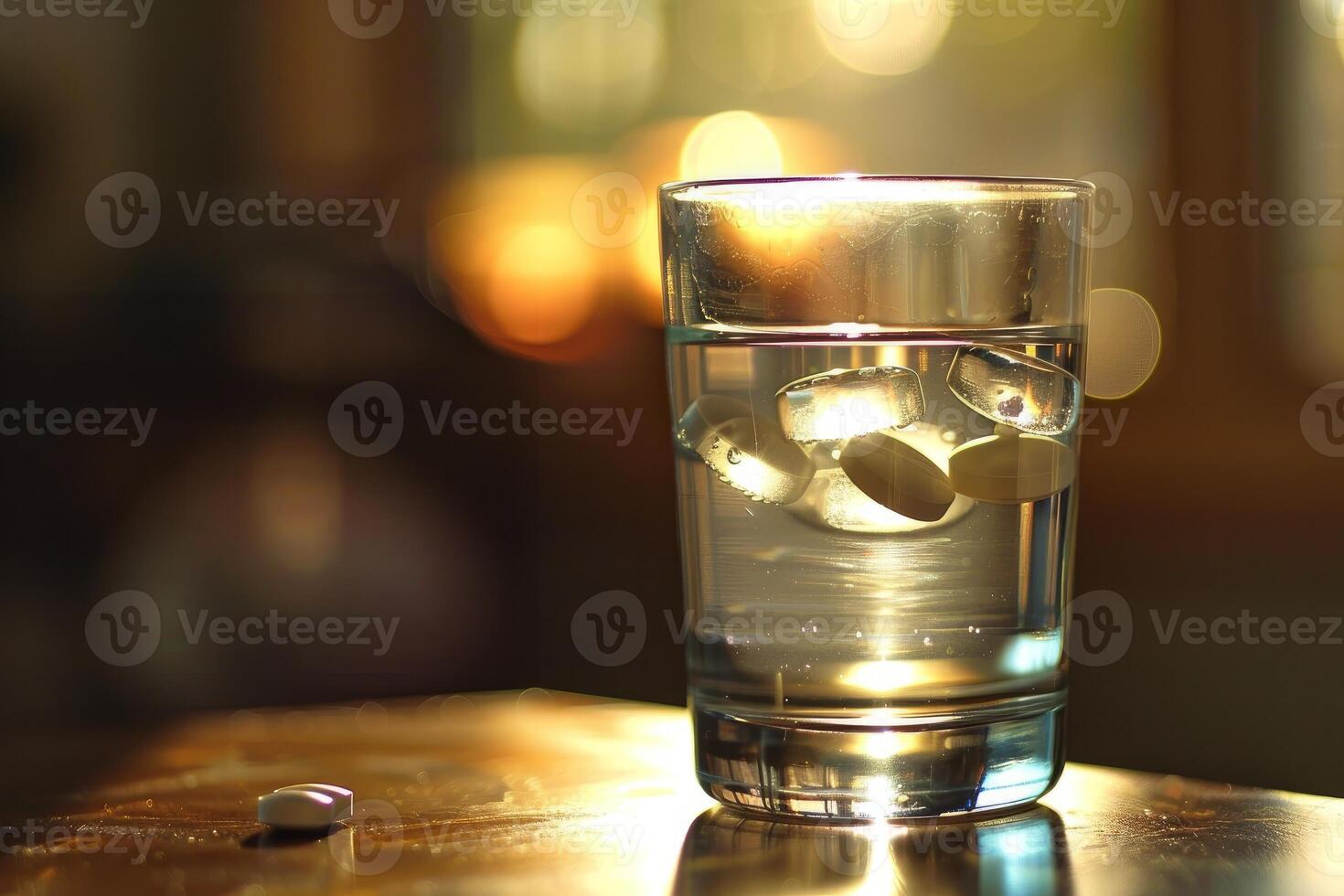 Glass of water with dissolved painkillers effervescent tablets on table top photo