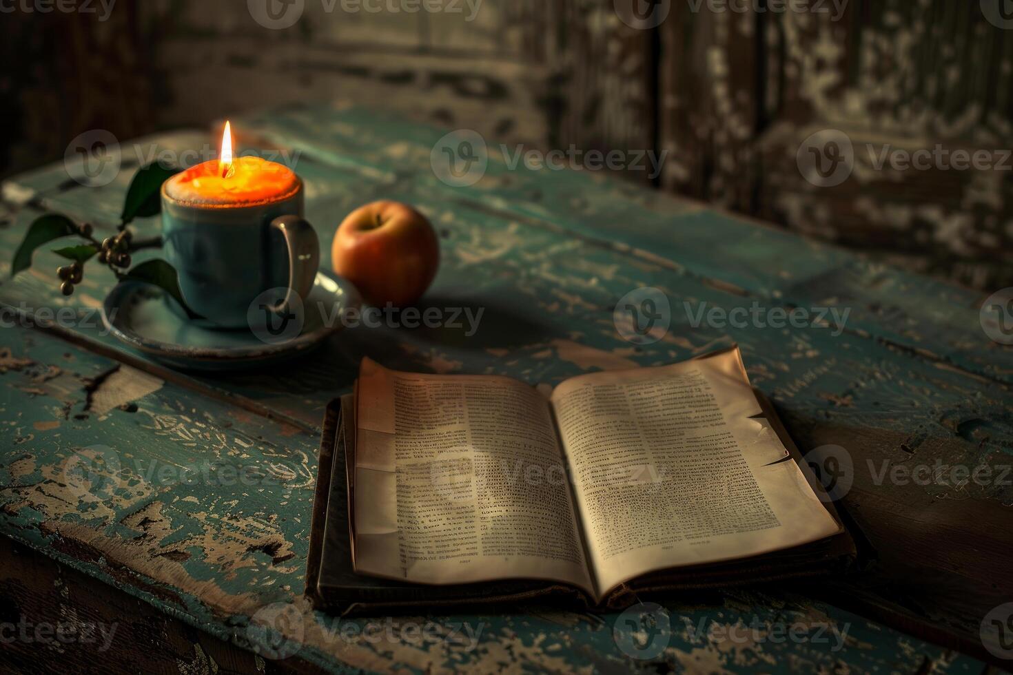 Burning candle illuminating an open book on rustic table photo