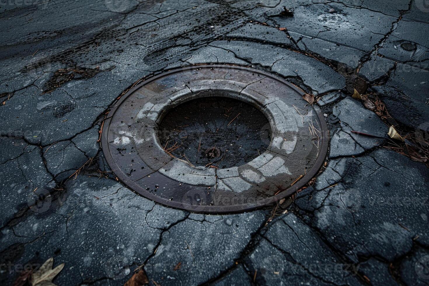 Old rusty manhole cover is lying on the broken asphalt photo