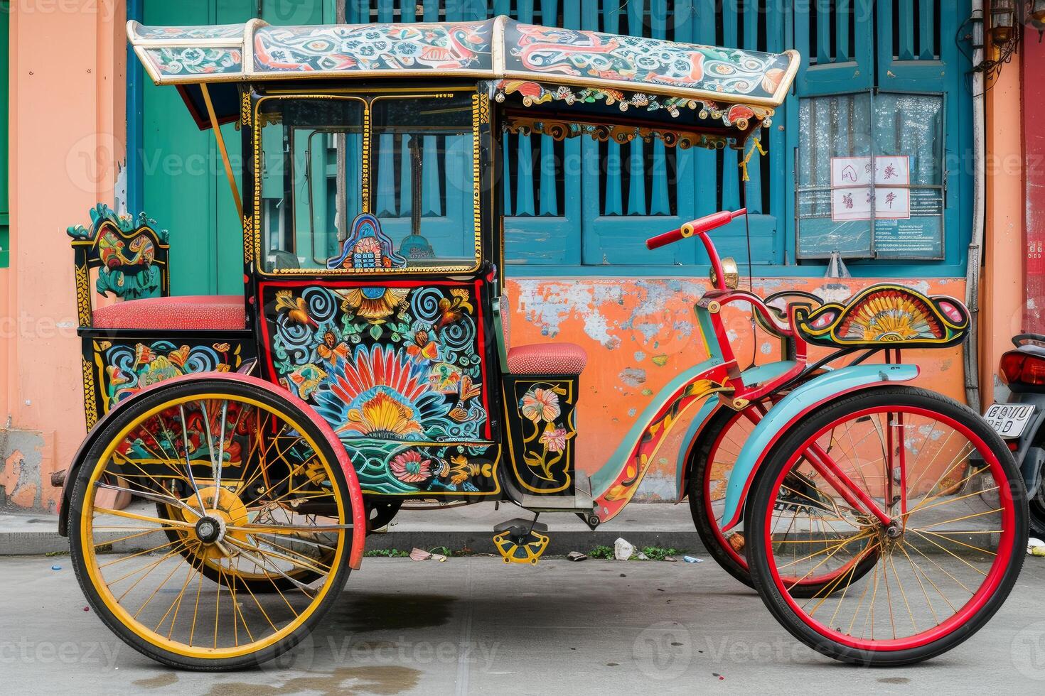 Traditional colorful cycle rickshaw parked in street of georgetown, penang, malaysia photo