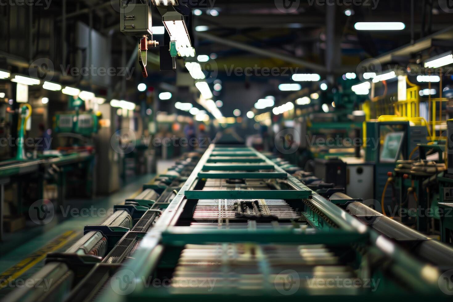 Empty assembly line moving through industrial factory photo